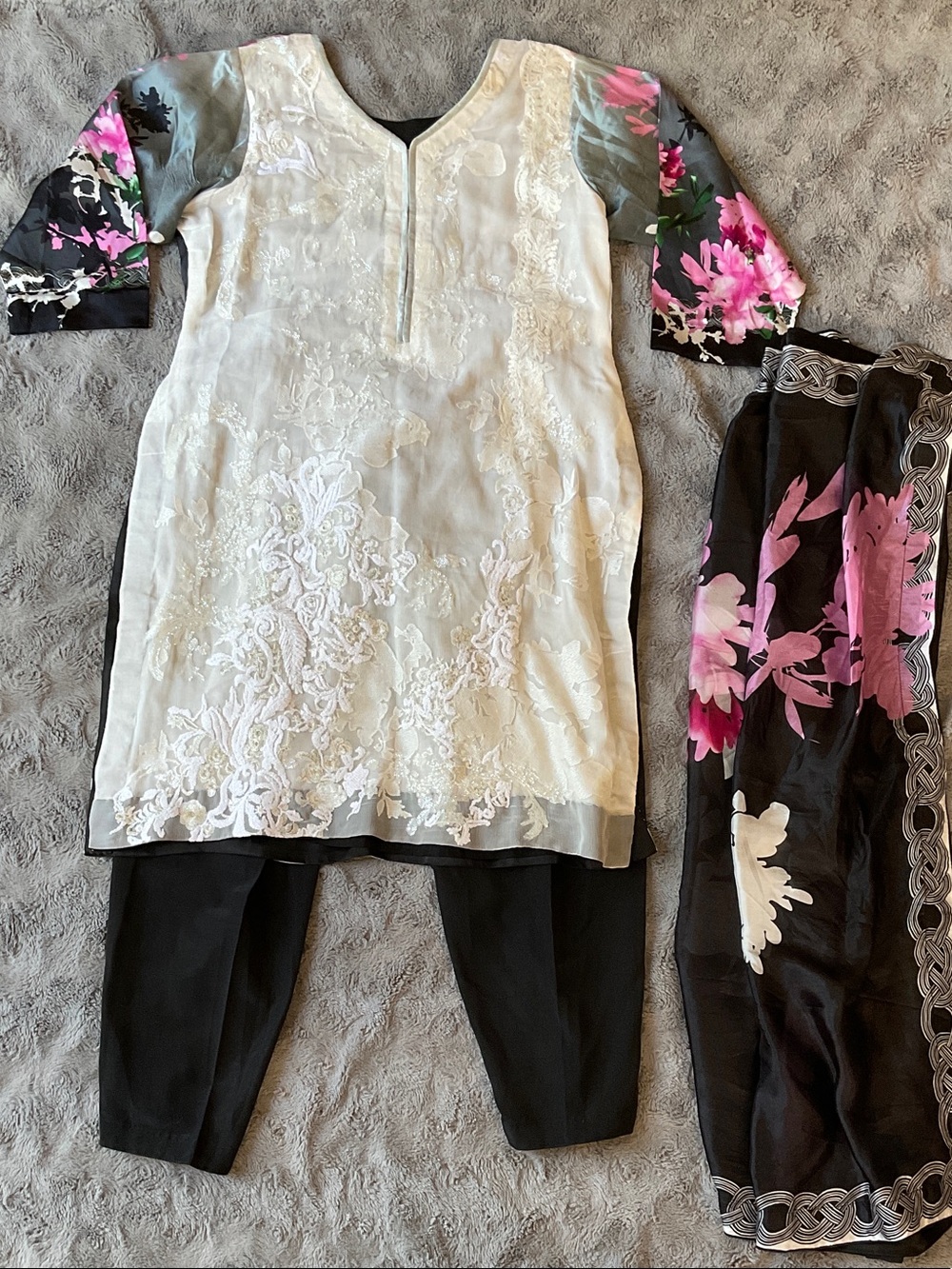 White & Black Floral Sleeve Embroidered Women’s Kurta Set